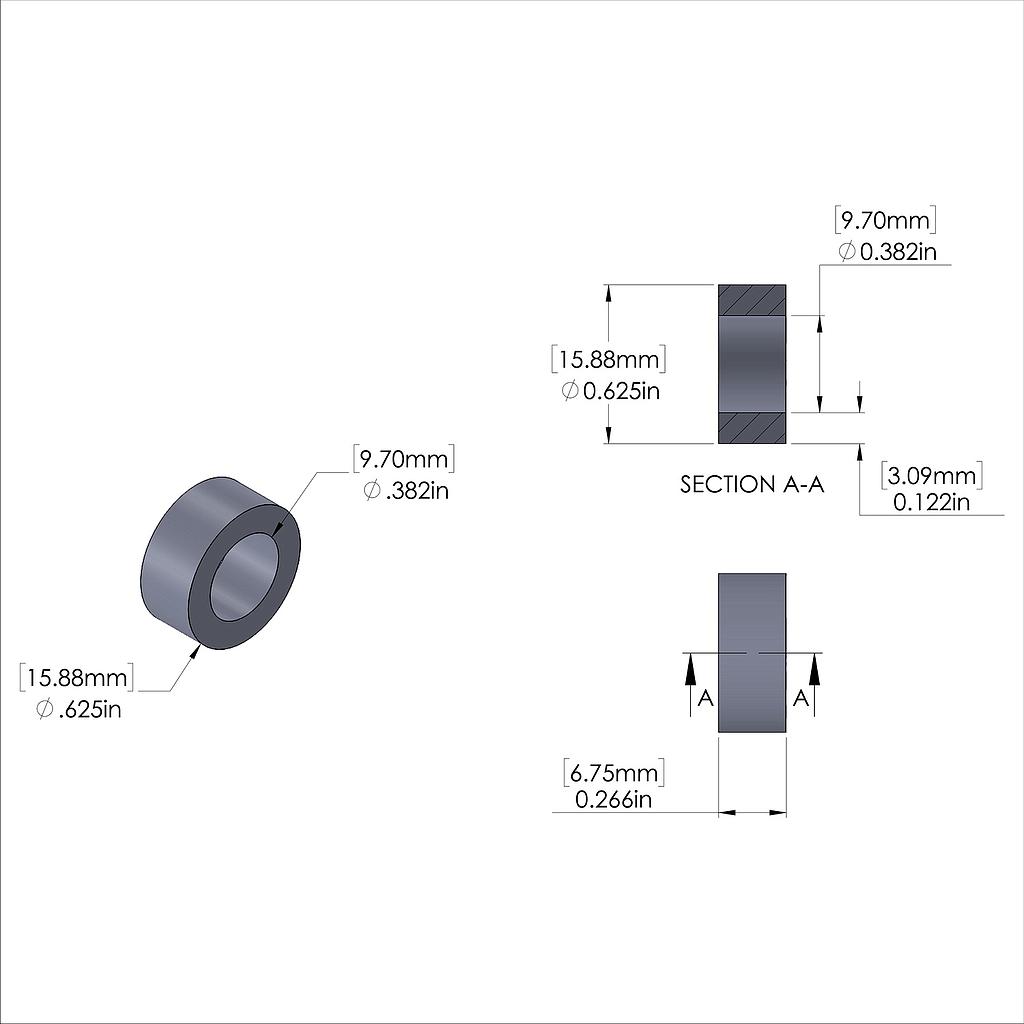 Aluminum Spacer 5/8'' OD x .382'' ID x 17/64'' Long, Plain Aluminum Finish