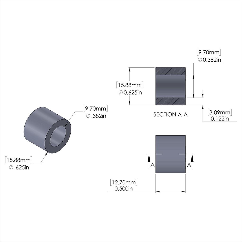 Aluminum Spacer 5/8'' OD x .382'' ID x 1/2'' Long, Plain Aluminum Finish