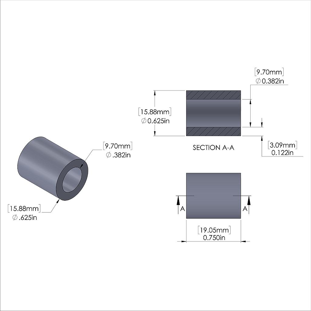 Aluminum Spacer 5/8'' OD x .382'' ID x 3/4'' Long, Plain Aluminum Finish