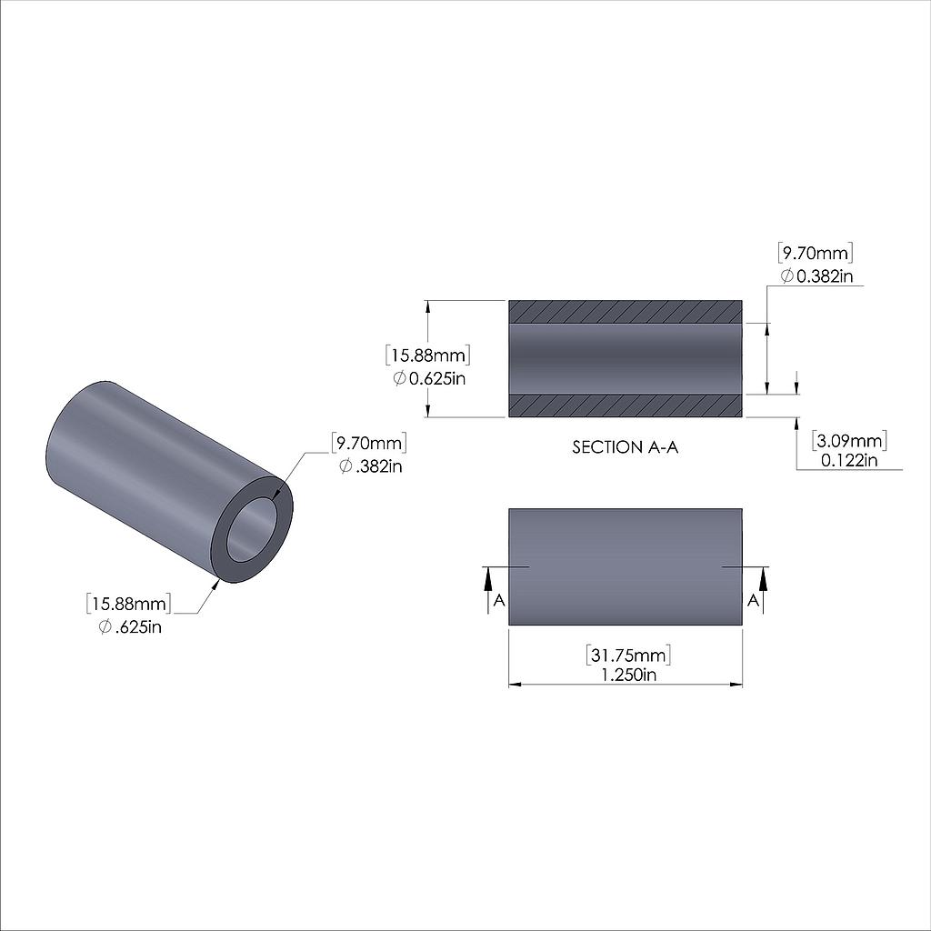 Aluminum Spacer 5/8'' OD x .382'' ID x 1-1/4'' Long, Plain Aluminum Finish