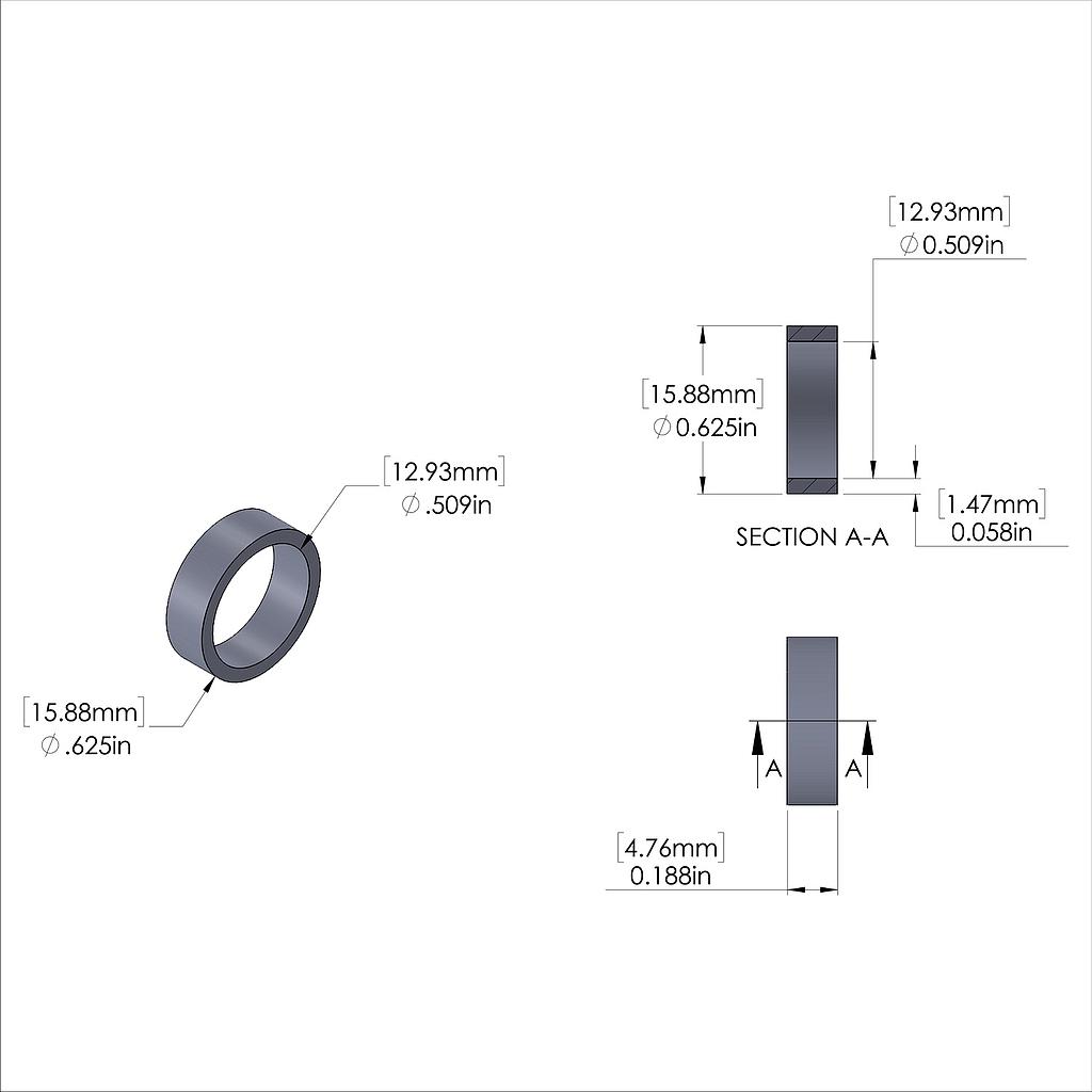 Aluminum Spacer 5/8'' OD x .509'' ID x 3/16'' Long, Plain Aluminum Finish