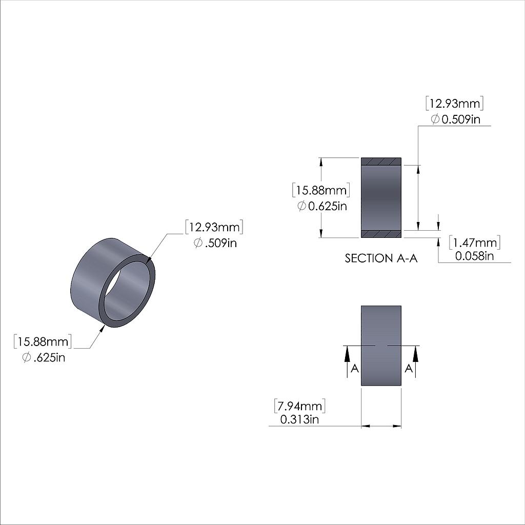 Aluminum Spacer 5/8'' OD x .509'' ID x 5/16'' Long, Plain Aluminum Finish