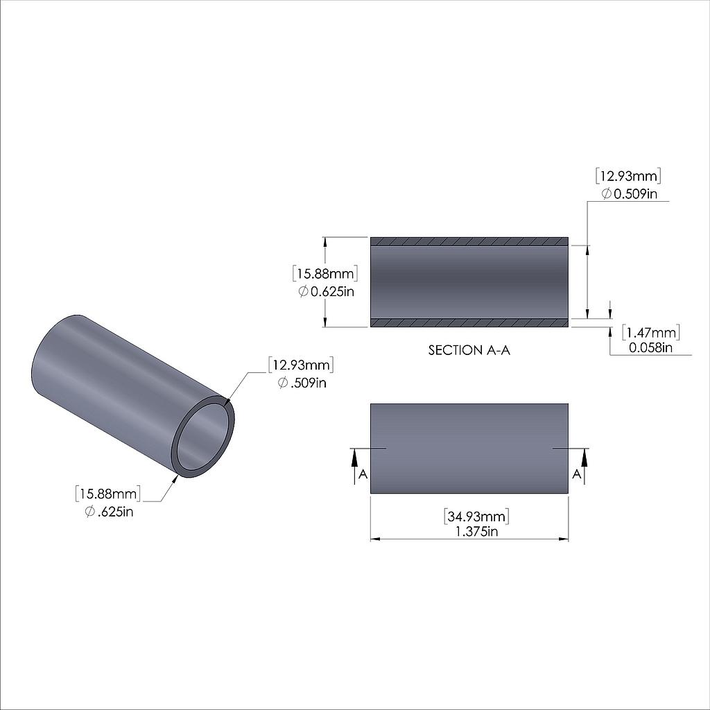 Aluminum Spacer 5/8'' OD x .509'' ID x 1-3/8'' Long, Plain Aluminum Finish