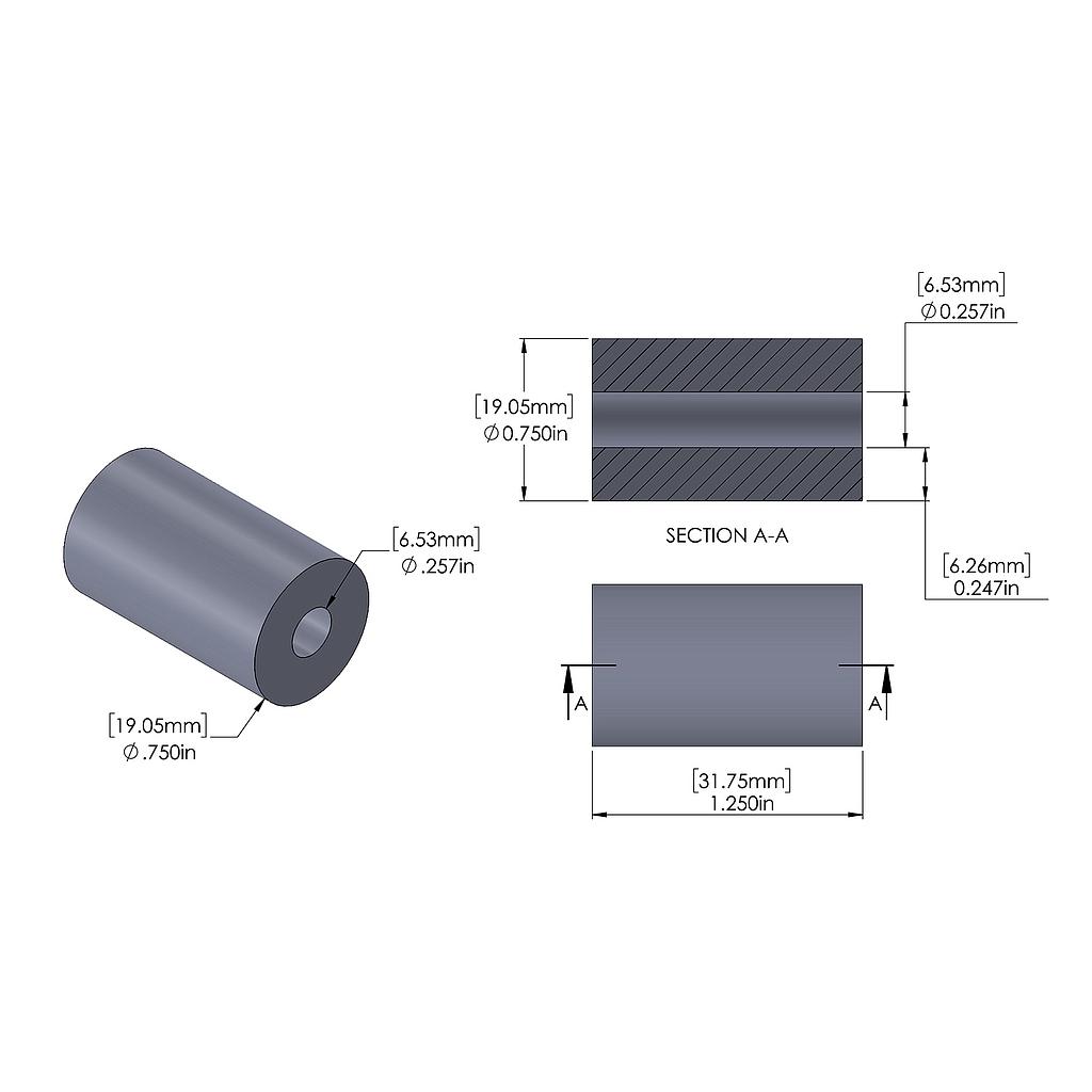 Aluminum Spacer 3/4'' OD x .257'' ID x 1-1/4'' Long, Plain Aluminum Finish