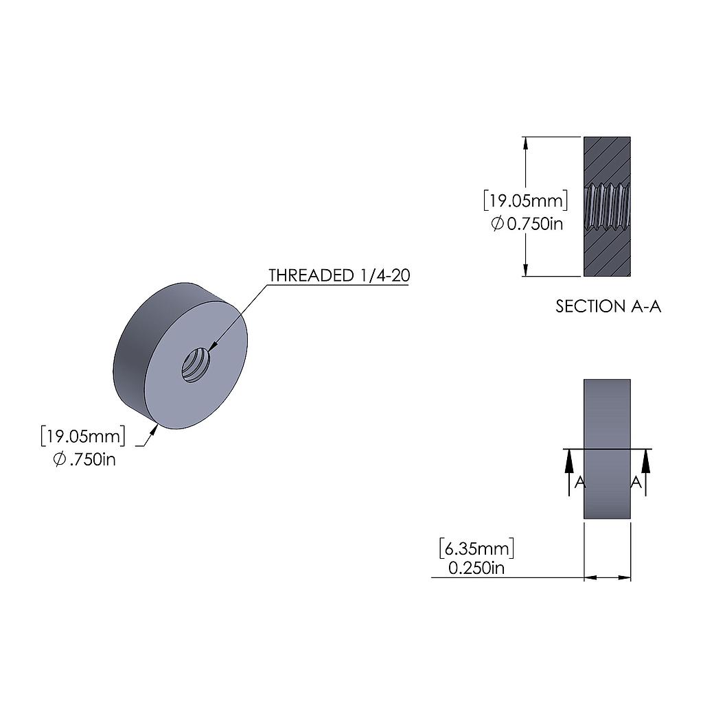 Aluminum Standoff 3/4'' OD x 1/4-20 Thread x 1/4'' Long, Plain Aluminum Finish