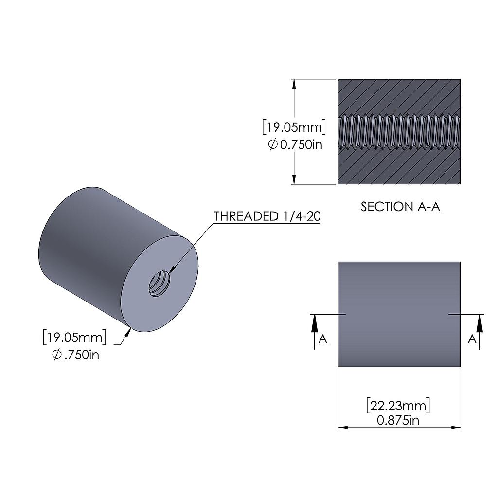 Aluminum Standoff 3/4'' OD x 1/4-20 Thread x 7/8'' Long, Plain Aluminum Finish