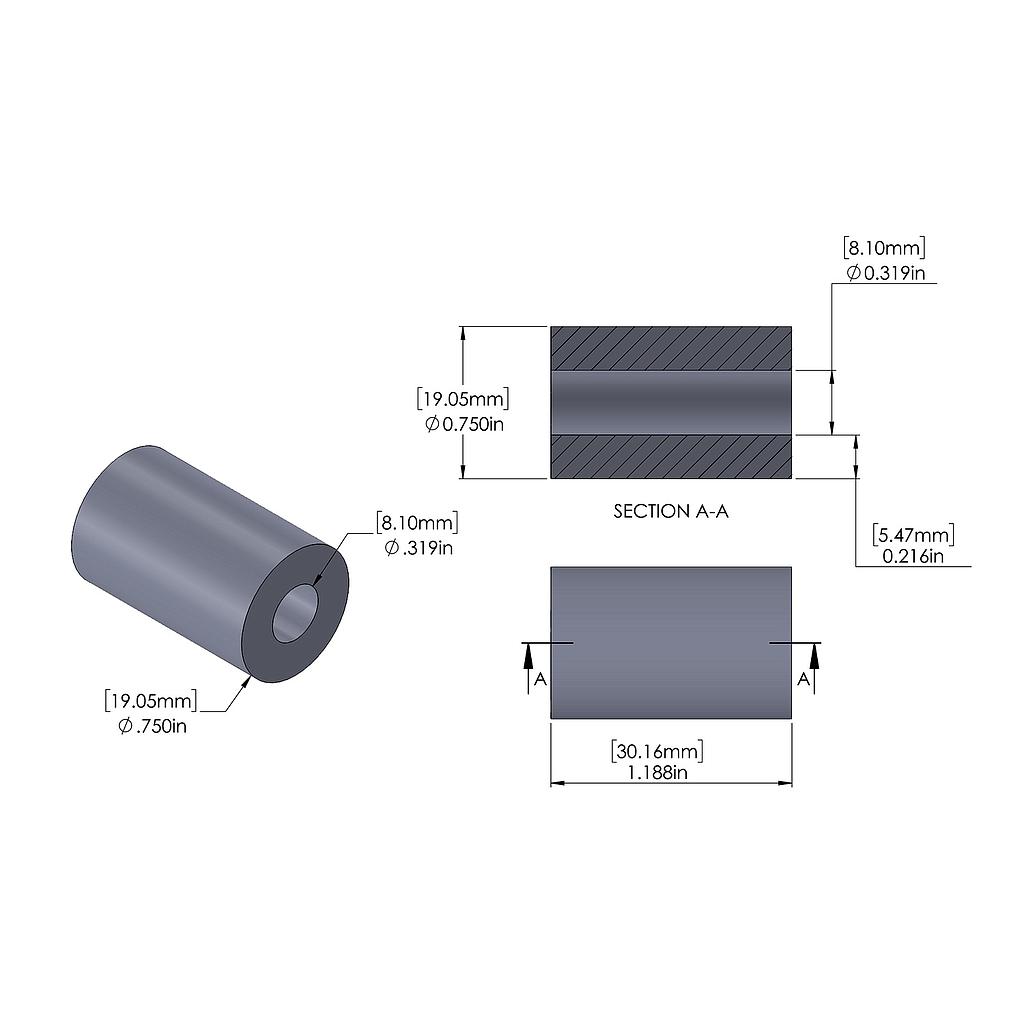 Aluminum Spacer 3/4'' OD x .319'' ID x 1-3/16'' Long, Plain Aluminum Finish