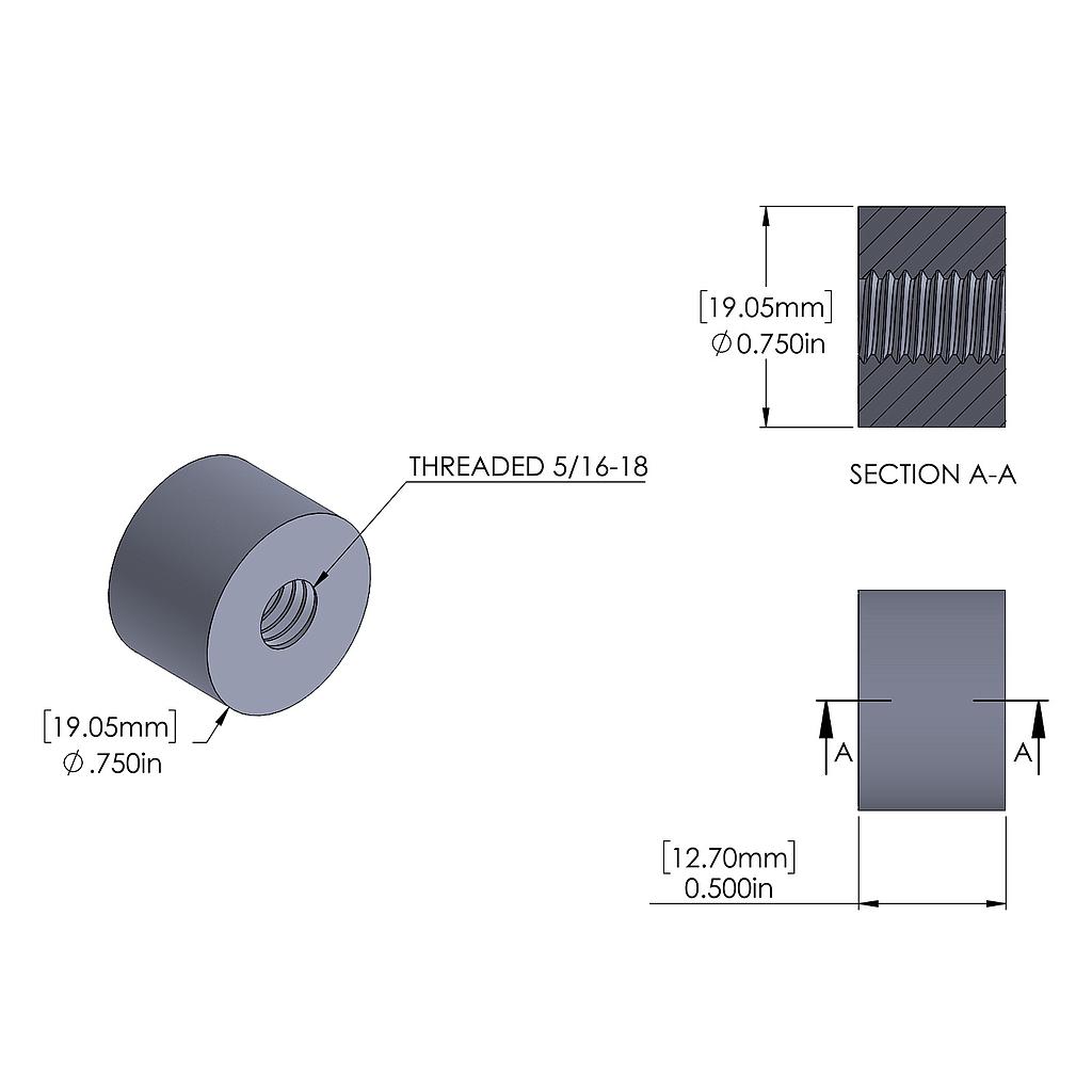 Aluminum Standoff 3/4'' OD x 5/16-18 Thread x 1/2'' Long, Plain Aluminum Finish