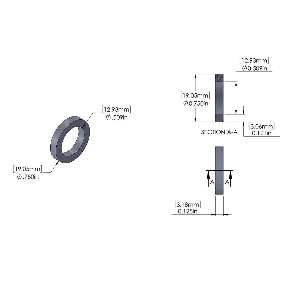 Aluminum Spacer 3/4'' OD x .509'' ID x 1/8'' Long, Black Anodized Finish