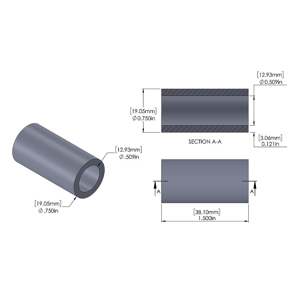 Aluminum Spacer 3/4'' OD x .509'' ID x 1-1/2'' Long, Plain Aluminum Finish