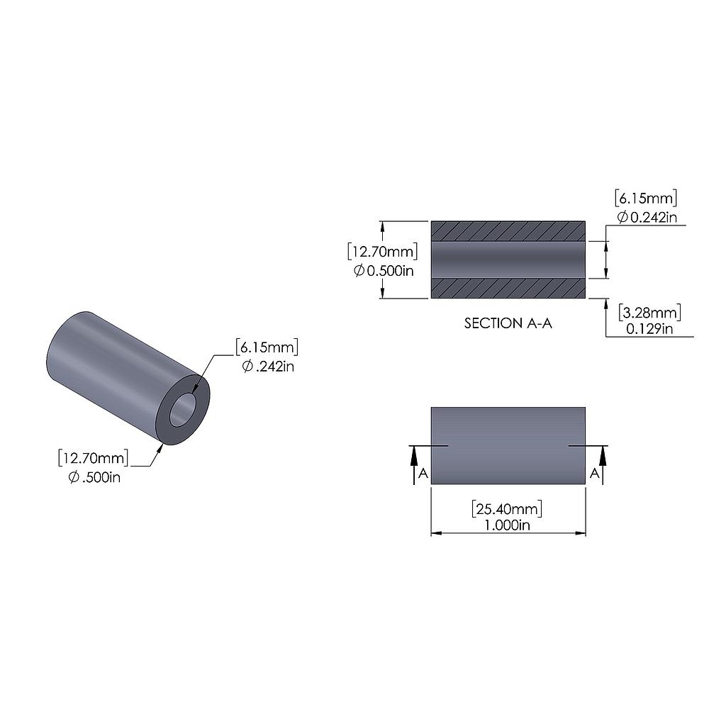 Aluminum Spacer 12.7mm OD x 6.15mm ID x 25.4mm Long, Plain Aluminum Finish