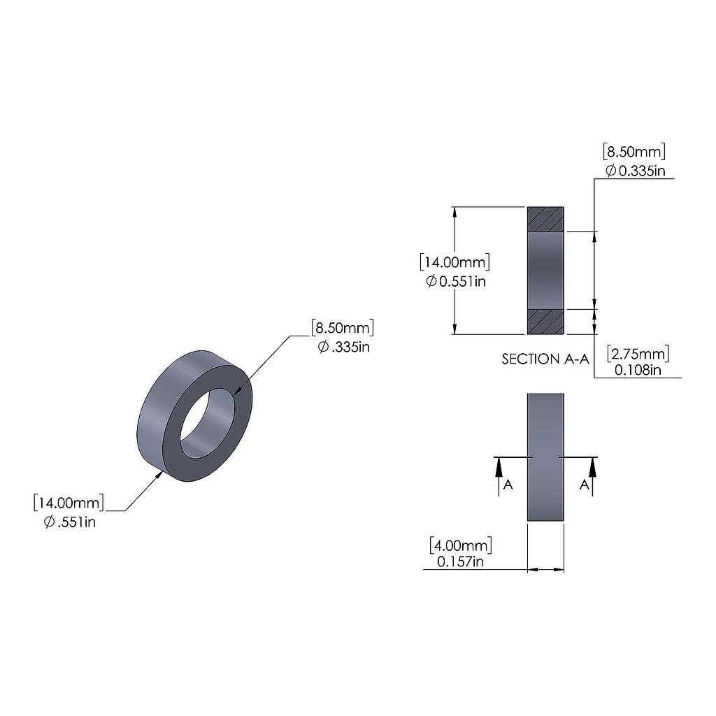 Aluminum Spacer 14mm OD x 8.5mm ID x 4mm Long, Plain Aluminum Finish