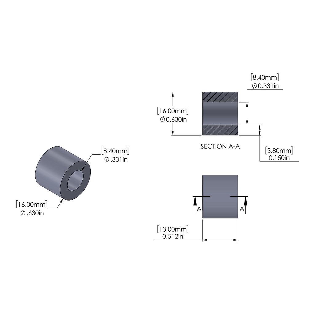 Aluminum Spacer 16mm OD x 8.4mm ID x 13mm Long, Plain Aluminum Finish