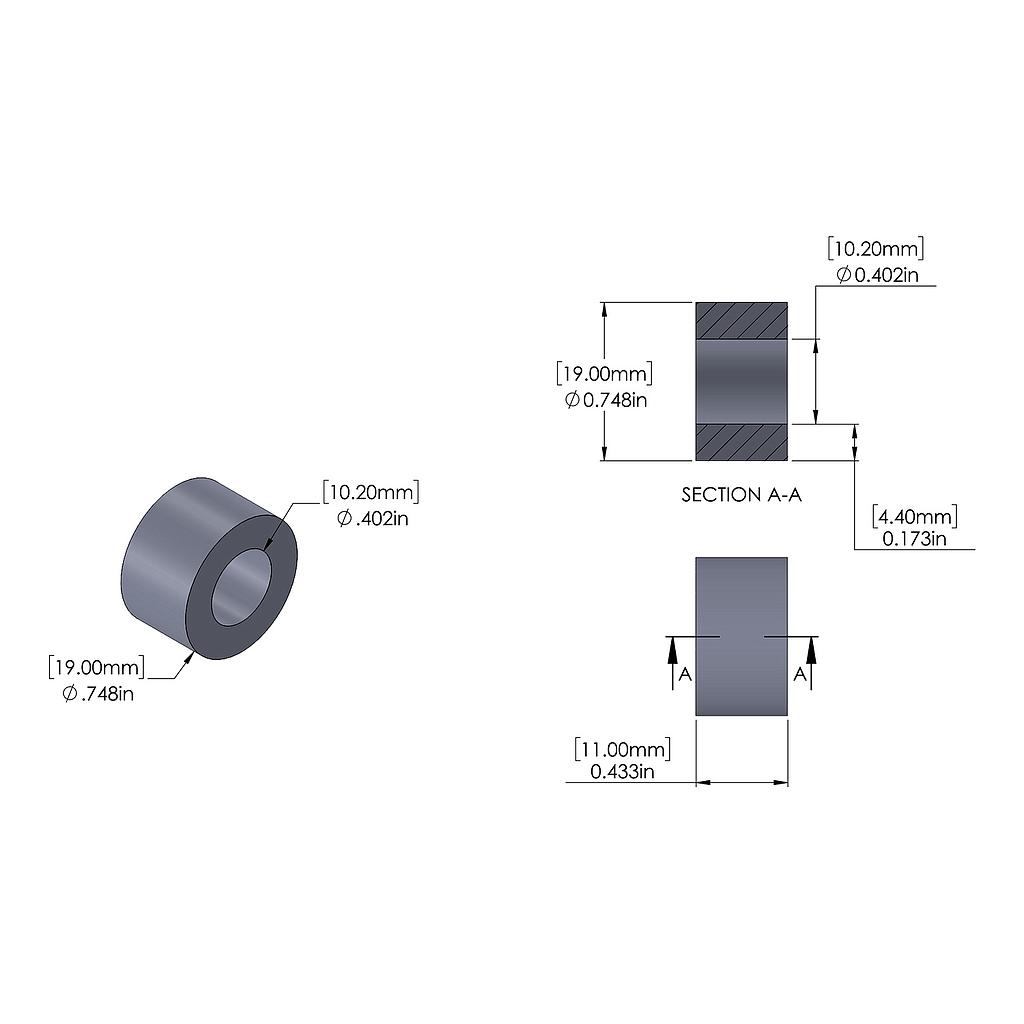 Aluminum Spacer 19mm OD x 10.2mm ID x 11mm Long, Plain Aluminum Finish