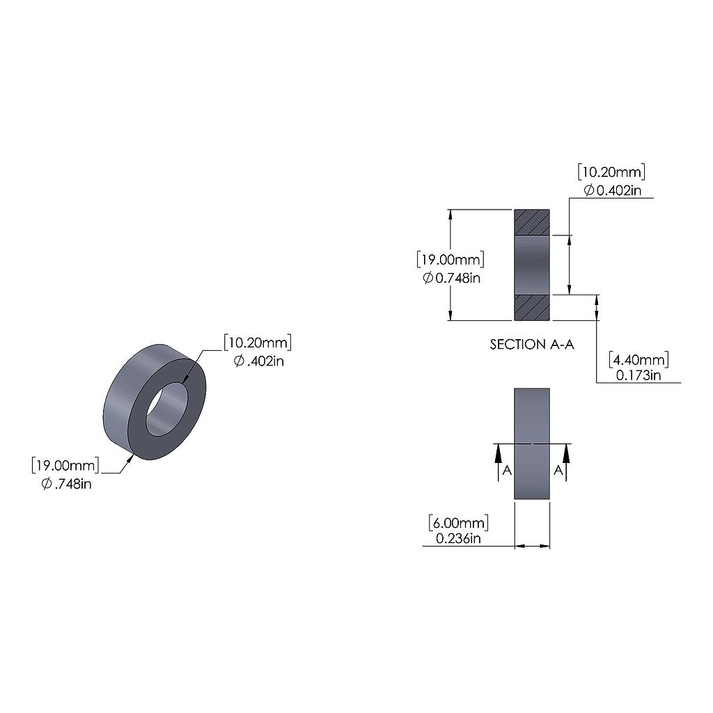 Aluminum Spacer 19mm OD x 10.2mm ID x 6mm Long, Plain Aluminum Finish