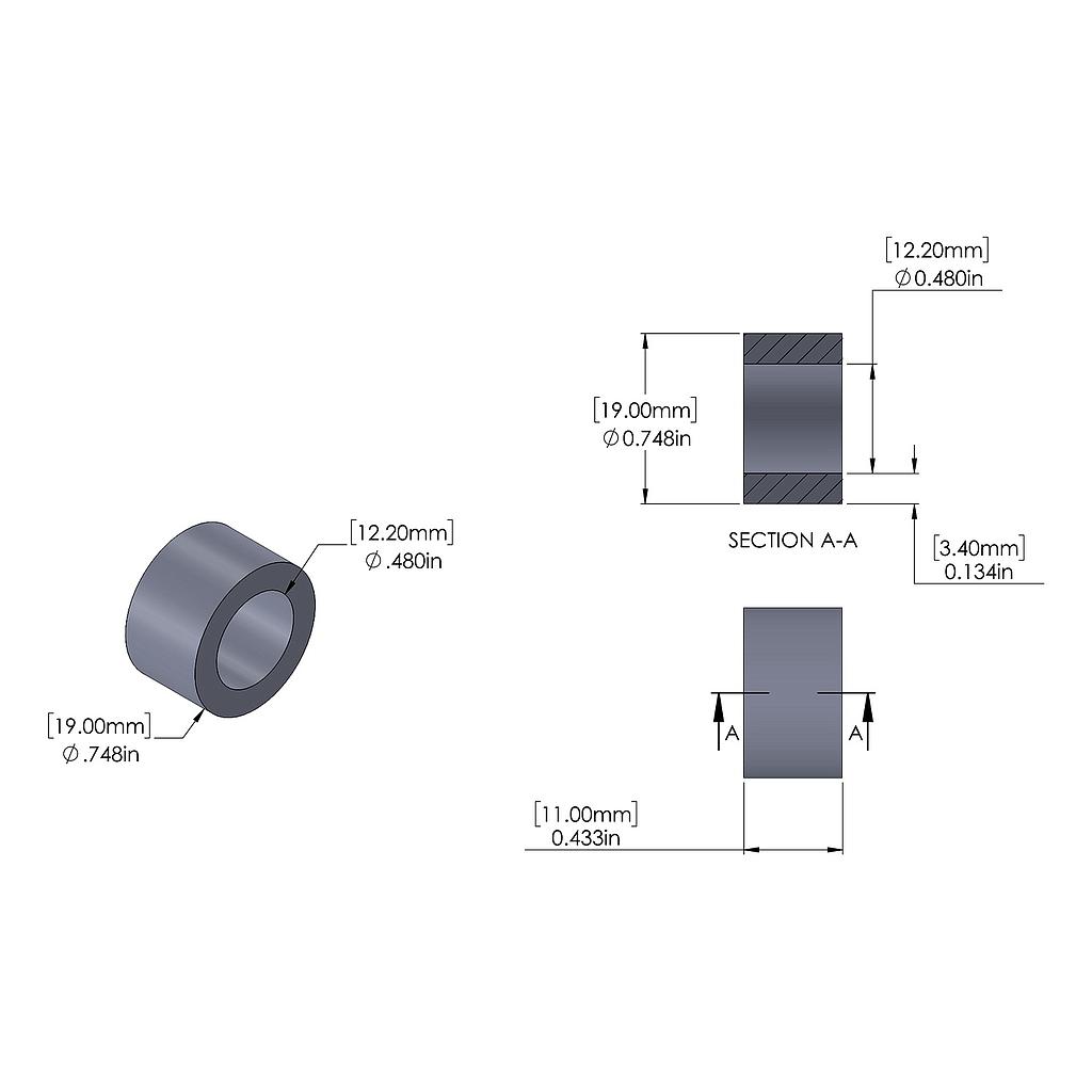 Aluminum Spacer 19mm OD x 12.2mm ID x 11mm Long, Plain Aluminum Finish