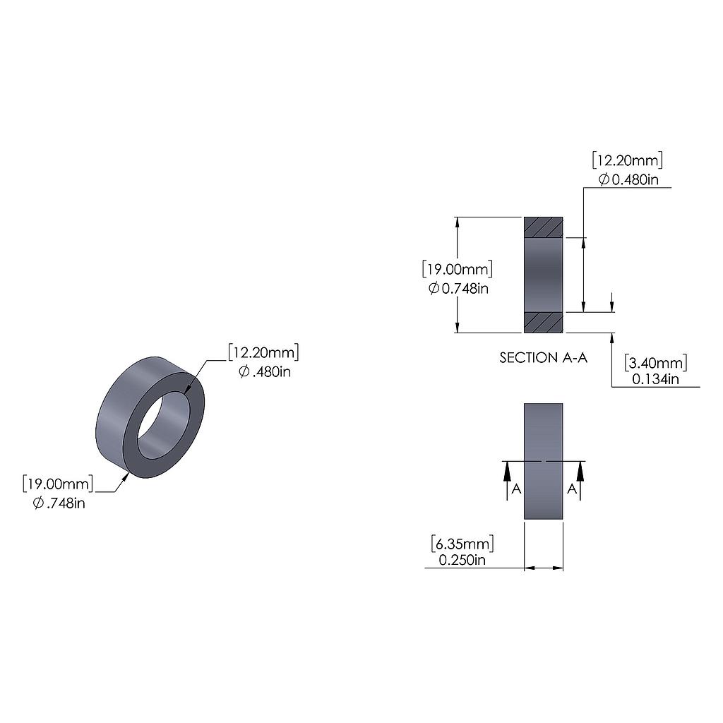 Aluminum Spacer 19mm OD x 12.2mm ID x 6.35mm Long, Plain Aluminum Finish