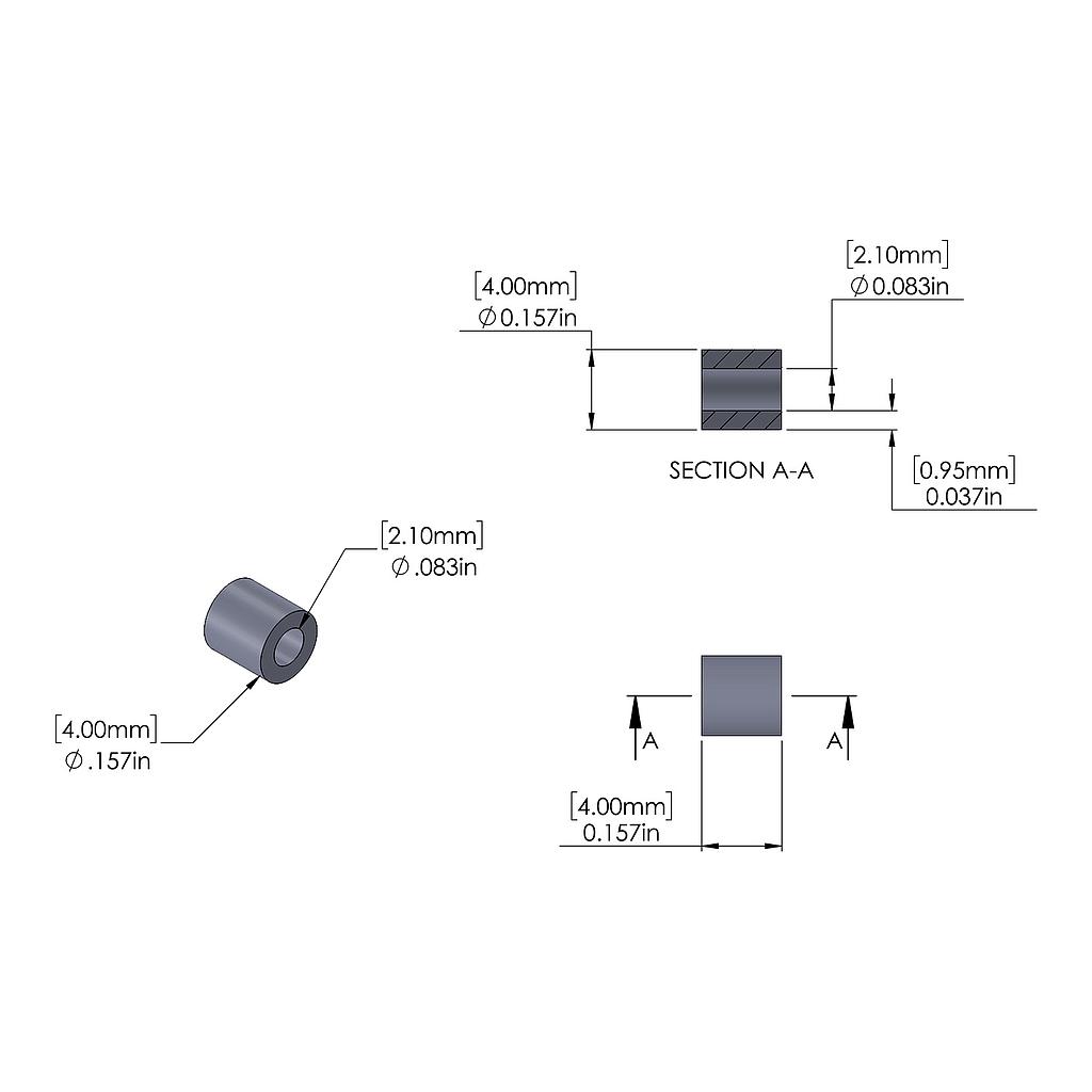 Aluminum Spacer 4mm OD x 2.1mm ID x 4mm Long, Plain Aluminum Finish