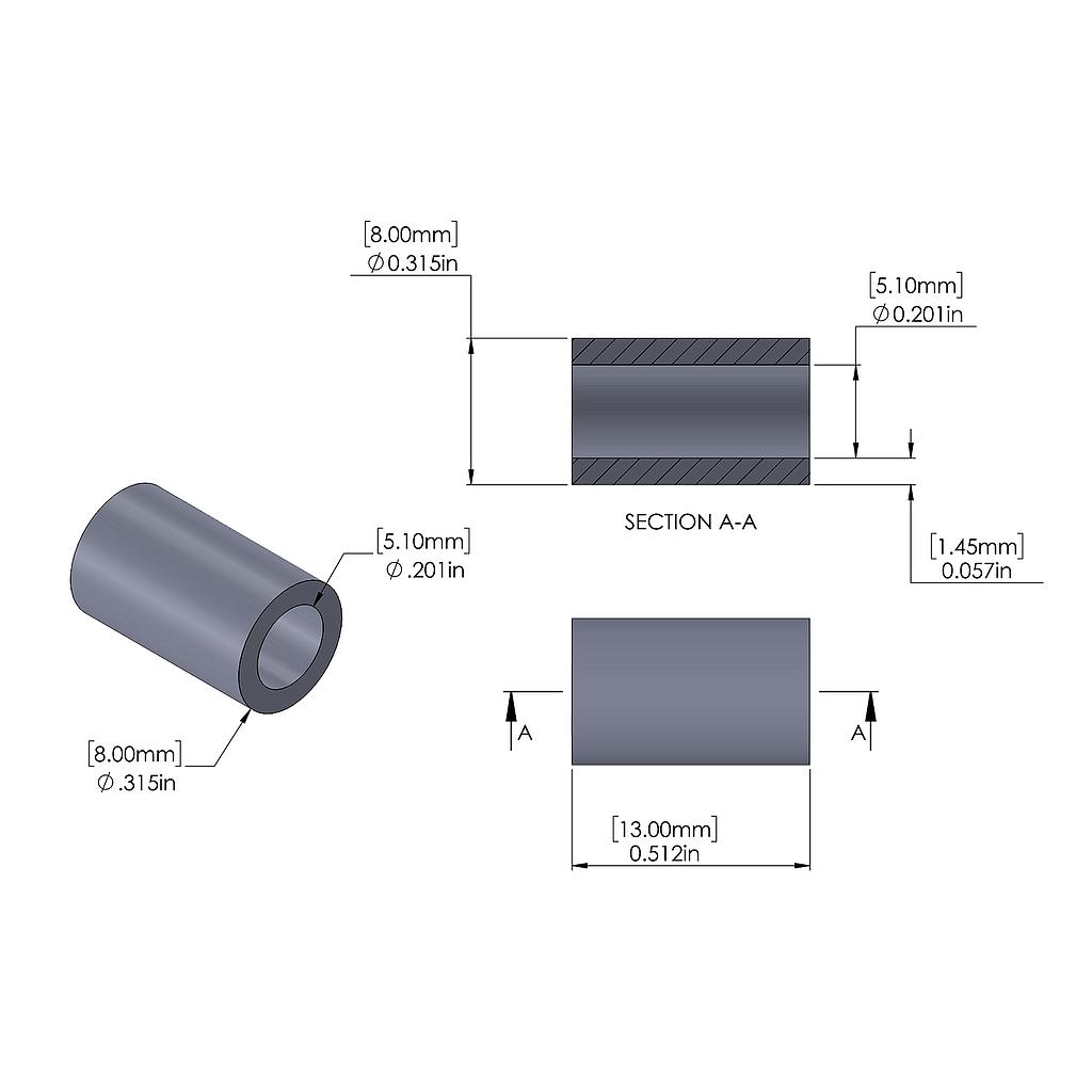 Aluminum Spacer 8mm OD x 5.1mm ID x 13mm Long, Plain Aluminum Finish