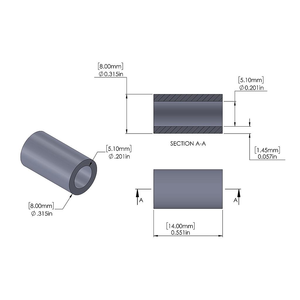 Aluminum Spacer 8mm OD x 5.1mm ID x 14mm Long, Plain Aluminum Finish