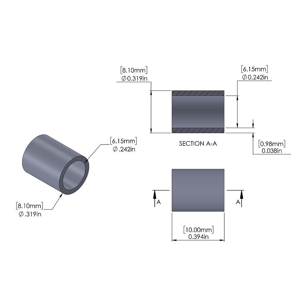 Aluminum Spacer 8.1mm OD x 6.15mm ID x 10mm Long, Plain Aluminum Finish