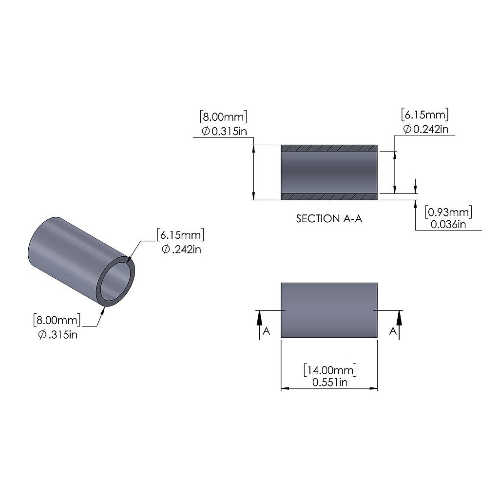 Aluminum Spacer 8mm OD x 6.15mm ID x 14mm Long, Plain Aluminum Finish