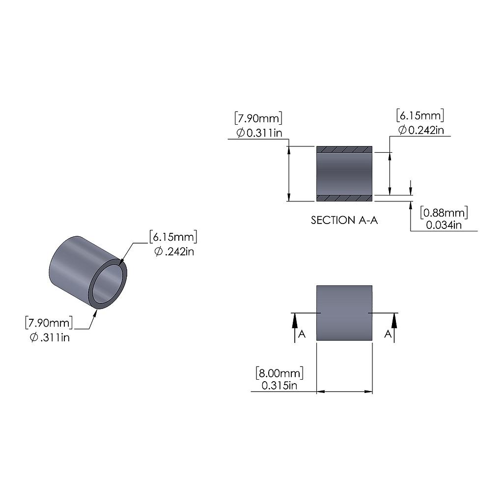 Aluminum Spacer 7.9mm OD x 6.15mm ID x 8mm Long, Plain Aluminum Finish