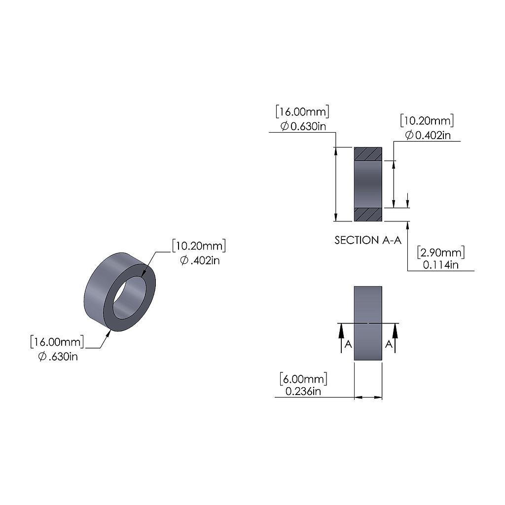 Steel Spacer 16mm OD x 10.2mm ID x 6mm Long, Brushed Finish