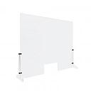 Clear Acrylic Sneeze Guard 36'' Wide x 30'' Tall (10'' x 5'' Cut Out), with (2) 7'' Wide x 12-5/16'' Deep Feet on the Side, and (4) Aluminum Black Anodized Forks / Standoffs.