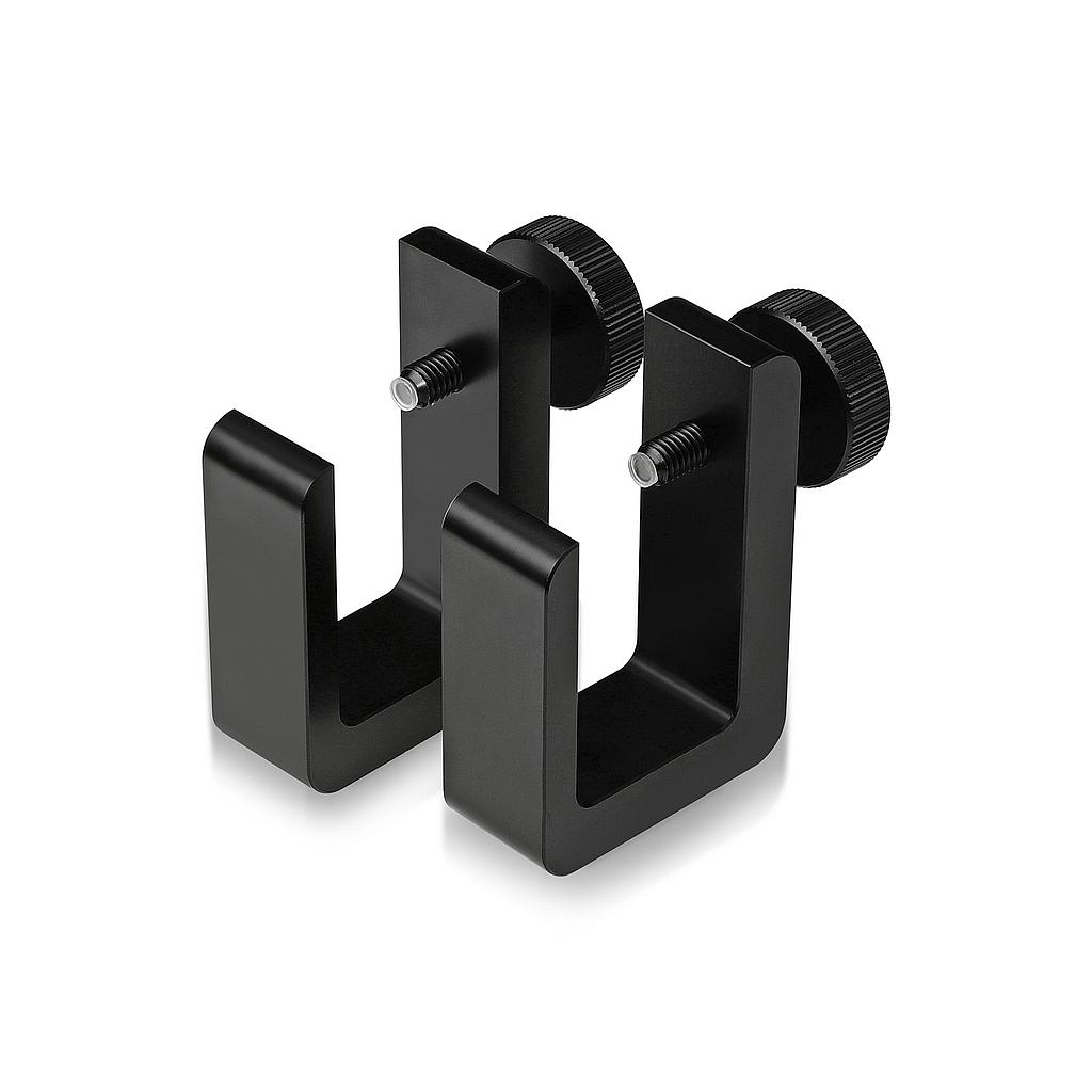 ''Set of 2,  Clamp, Aluminum Matte black Anodized Finish, to Accommodate 1'' to 1-1/8'' Counters. Hold up to 1/4'' material thickness M6 Set screw need 3mm Allen Wrench''