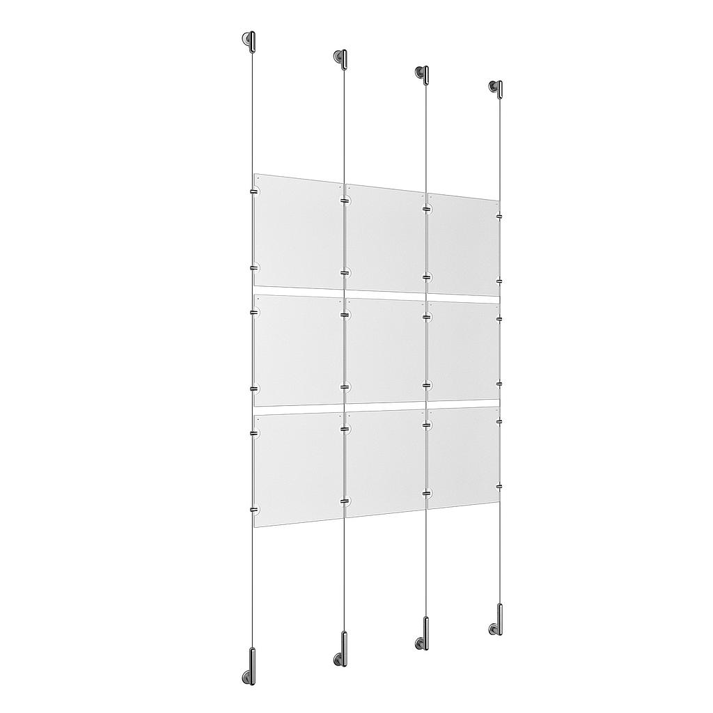 (9) 8-1/2'' Width x 11'' Height Clear Acrylic Frame & (4) Wall-to-Wall Stainless Steel Satin Brushed Cable Systems with (12) Single-Sided Panel Grippers (12) Double-Sided Panel Grippers