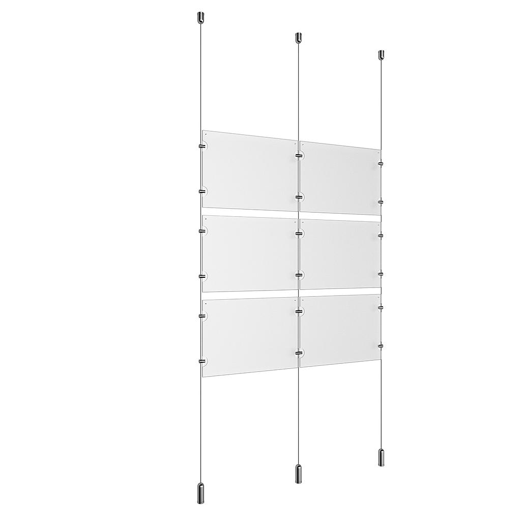 (6) 11'' Width x 8-1/2'' Height Clear Acrylic Frame & (3) Ceiling-to-Floor Aluminum Clear Anodized Cable Systems with (12) Single-Sided Panel Grippers (6) Double-Sided Panel Grippers