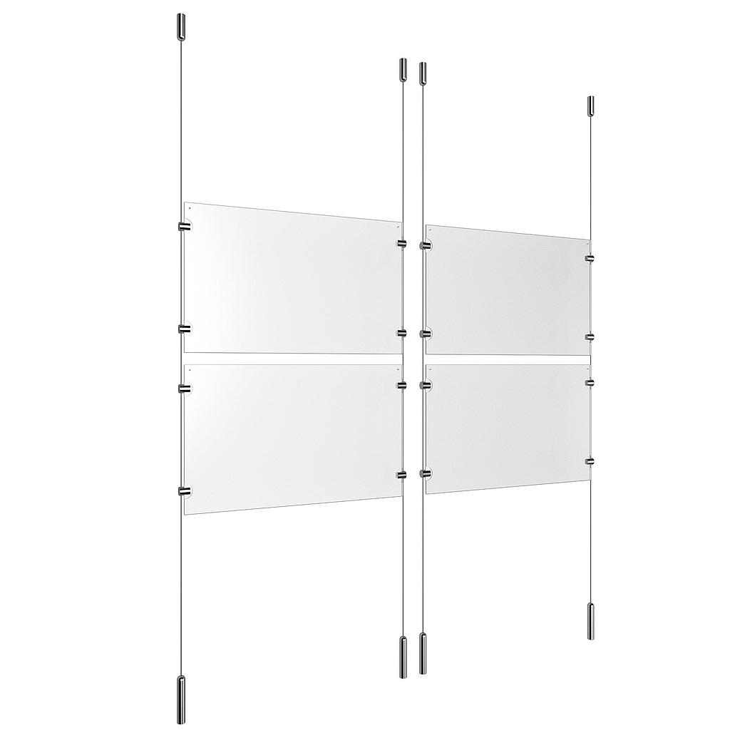 (4) 17'' Width x 11'' Height Clear Acrylic Frame & (4) Ceiling-to-Floor Stainless Steel Satin Brushed Cable Systems with (16) Single-Sided Panel Grippers