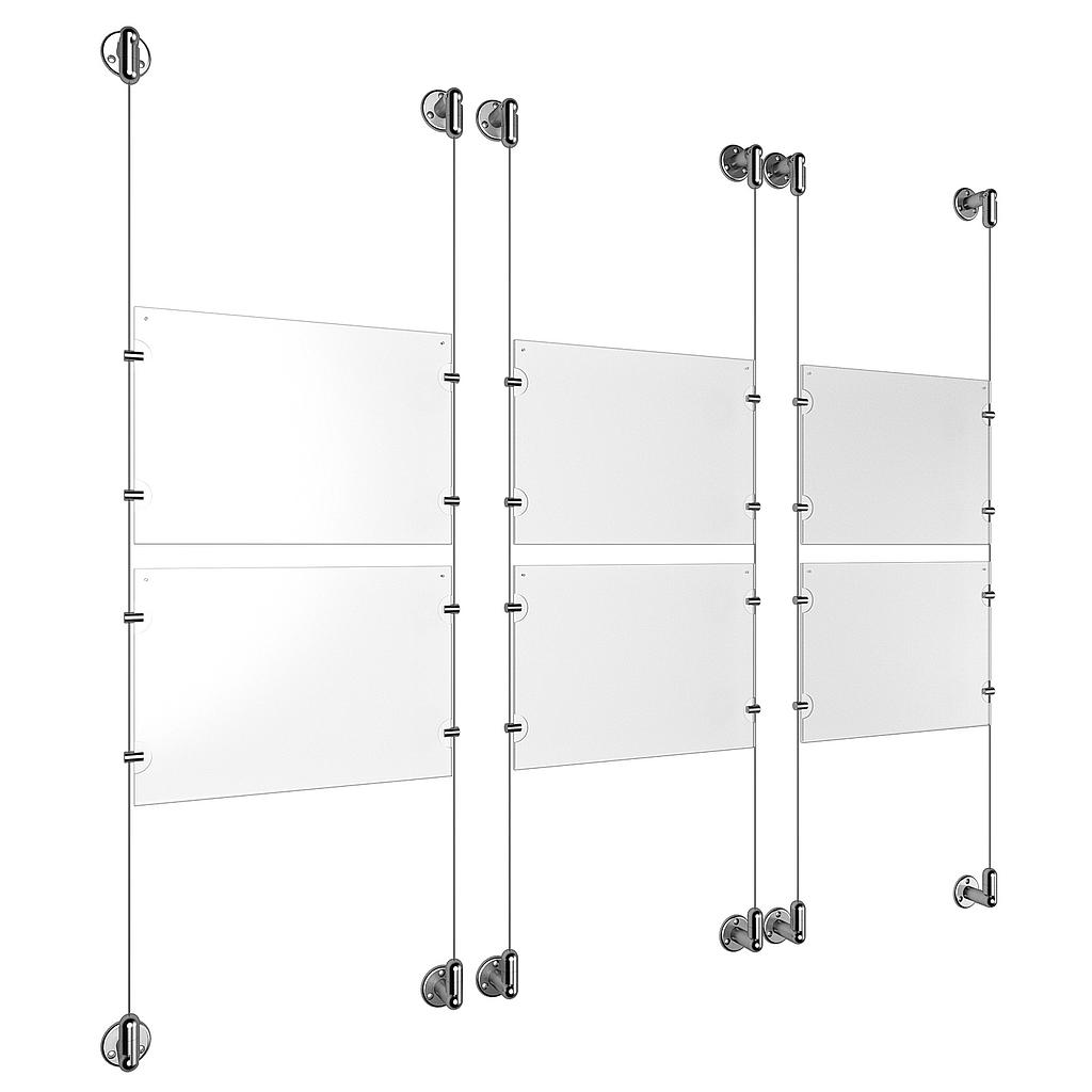 (6) 11'' Width x 8-1/2'' Height Clear Acrylic Frame & (6) Stainless Steel Satin Brushed Adjustable Angle Cable Systems with (24) Single-Sided Panel Grippers