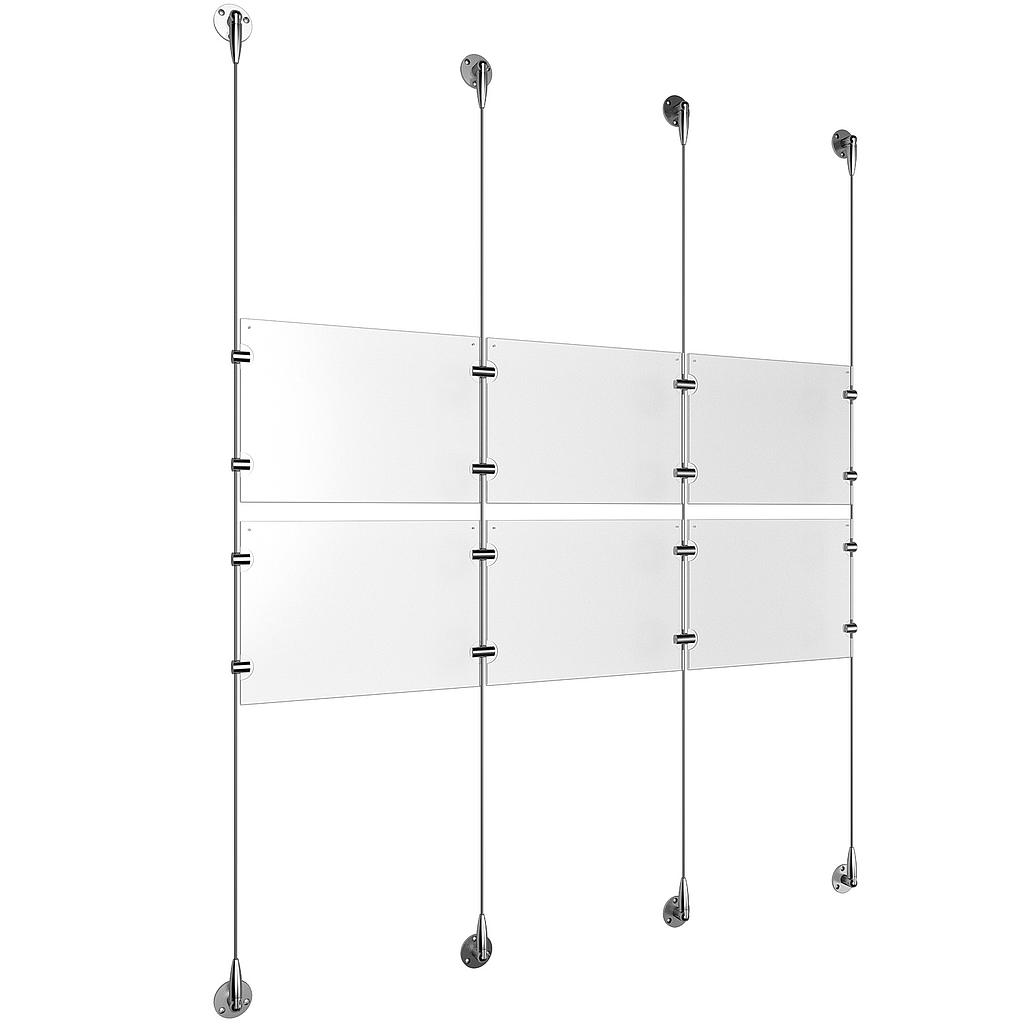 (6) 11'' Width x 8-1/2'' Height Clear Acrylic Frame & (4) Aluminum Clear Anodized Adjustable Angle Signature 1/8'' Diameter Cable Systems with (8) Single-Sided Panel Grippers (8) Double-Sided Panel Grippers