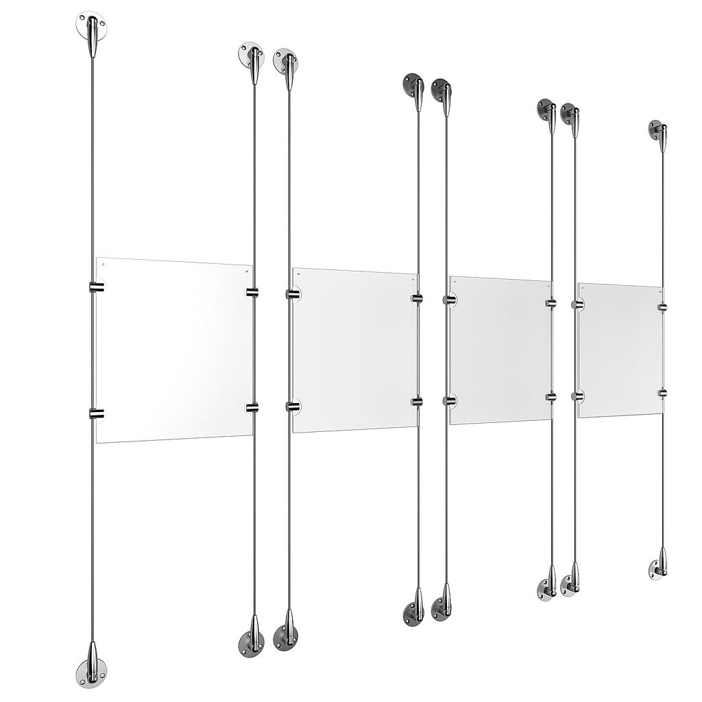 (4) 8-1/2'' Width x 11'' Height Clear Acrylic Frame & (8) Aluminum Clear Anodized Adjustable Angle Signature 1/8'' Diameter Cable Systems with (16) Single-Sided Panel Grippers