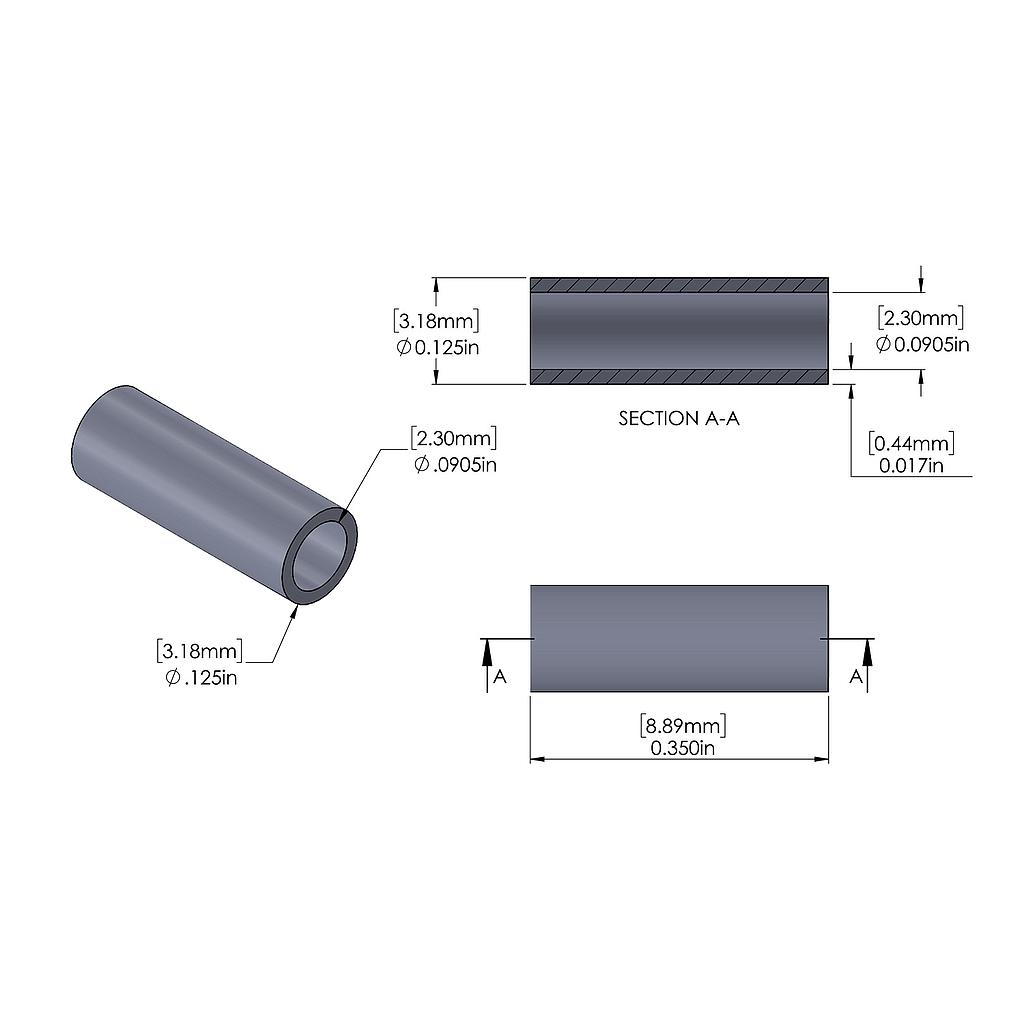 Aluminum Spacer 1/8'' OD x .0905'' ID x .350'' Long, Plain Aluminum Finish