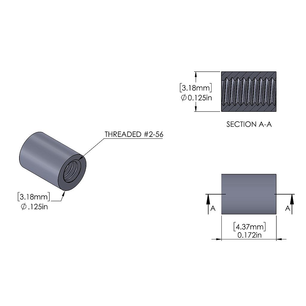 Aluminum Standoff 1/8'' OD x 2-56 Thread x 11/64'' Long, Plain Aluminum Finish