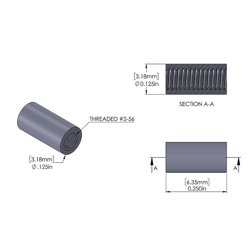 Aluminum Standoff 1/8'' OD x 2-56 Thread x 1/4'' Long, Plain Aluminum Finish