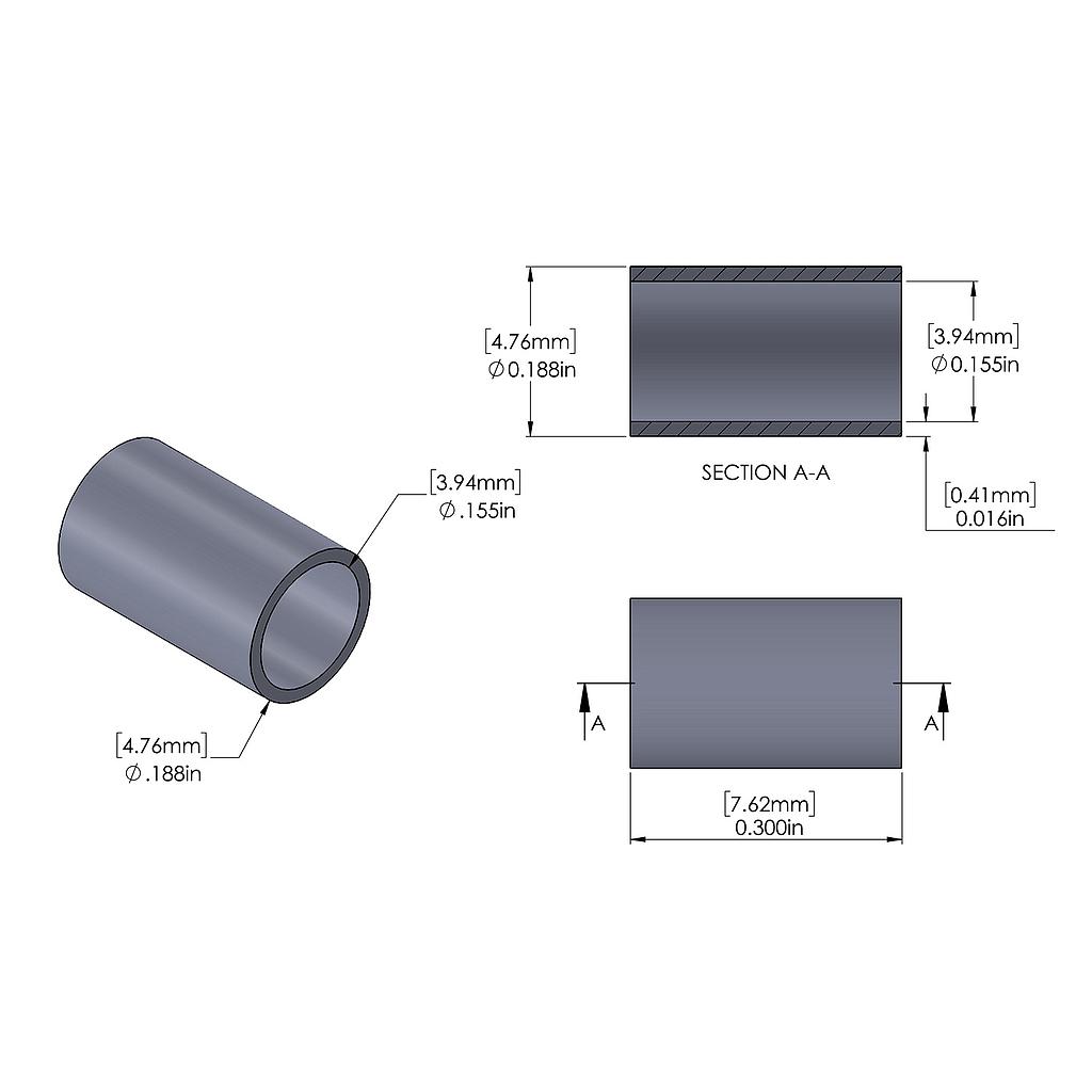 Aluminum Spacer 3/16'' OD x .160'' ID x .300'' Long, Plain Aluminum Finish