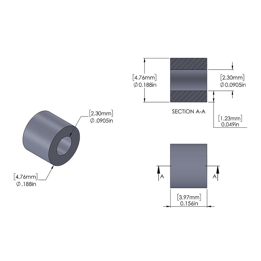 Aluminum Spacer 3/16'' OD x .0905'' ID x 5/32'' Long, Plain Aluminum Finish