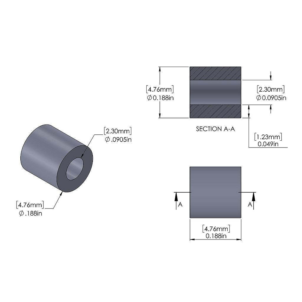 Aluminum Spacer 3/16'' OD x .0905'' ID x 3/16'' Long, Plain Aluminum Finish