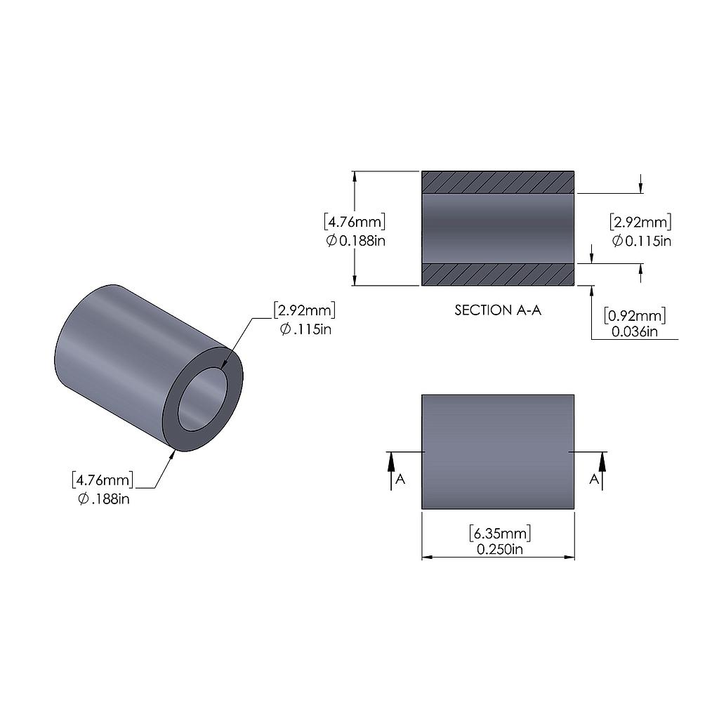 Aluminum Spacer 3/16'' OD x .115'' ID x 1/4'' Long, Plain Aluminum Finish