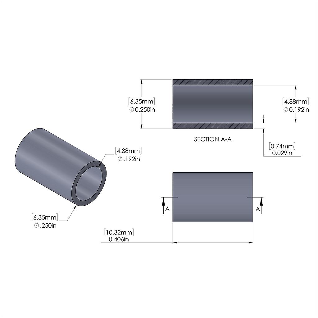 Aluminum Spacer 1/4'' OD x .192'' ID x 13/32'' Long, Plain Aluminum Finish