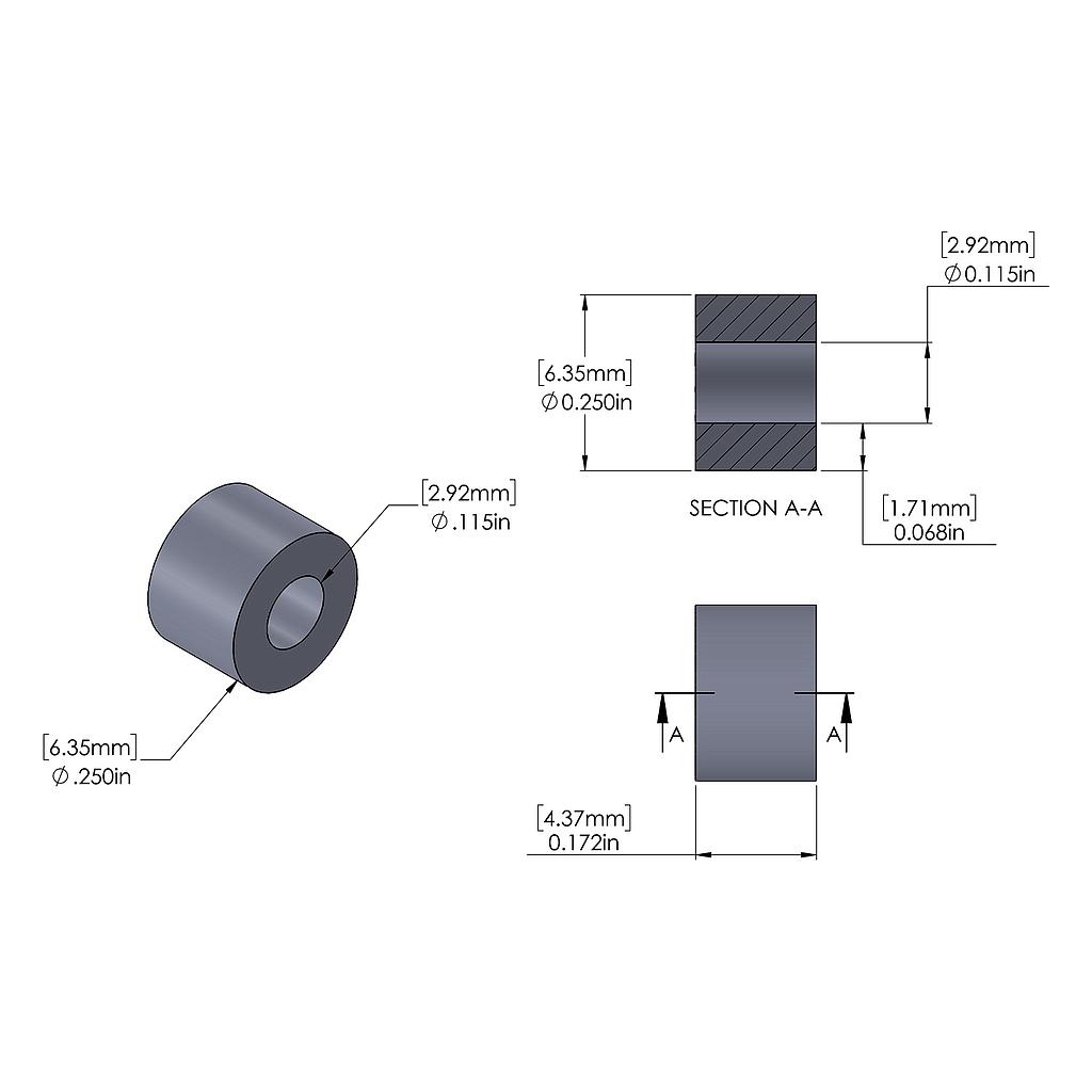 Aluminum Spacer 1/4'' OD x .115'' ID x 11/64'' Long, Plain Aluminum Finish