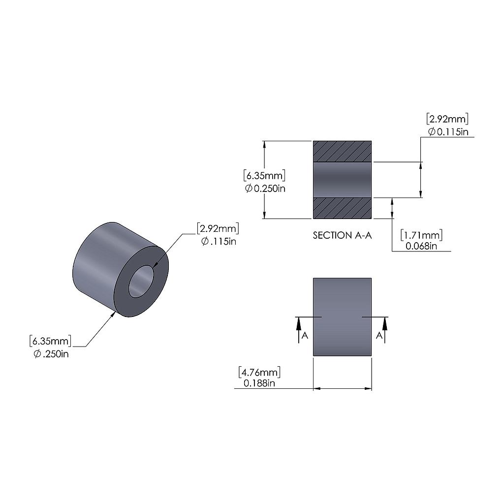 Aluminum Spacer 1/4'' OD x .115'' ID x 3/16'' Long, Black Anodized Finish