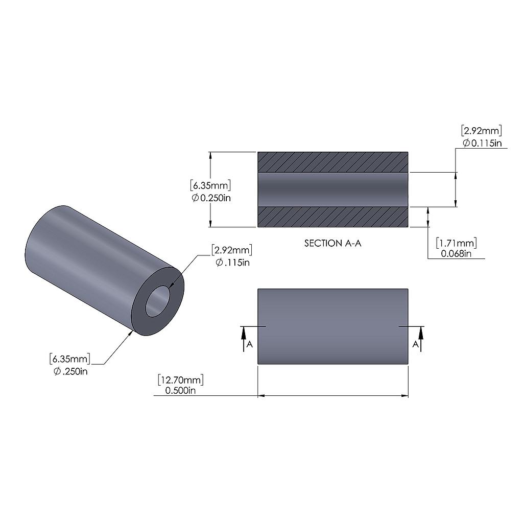 Aluminum Spacer 1/4'' OD x .115'' ID x 1/2'' Long, Plain Aluminum Finish