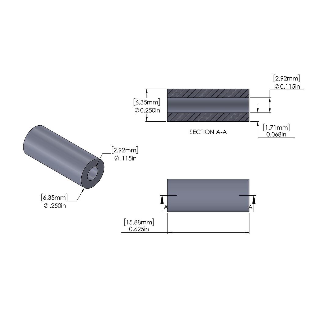 Aluminum Spacer 1/4'' OD x .115'' ID x 5/8'' Long, Plain Aluminum Finish