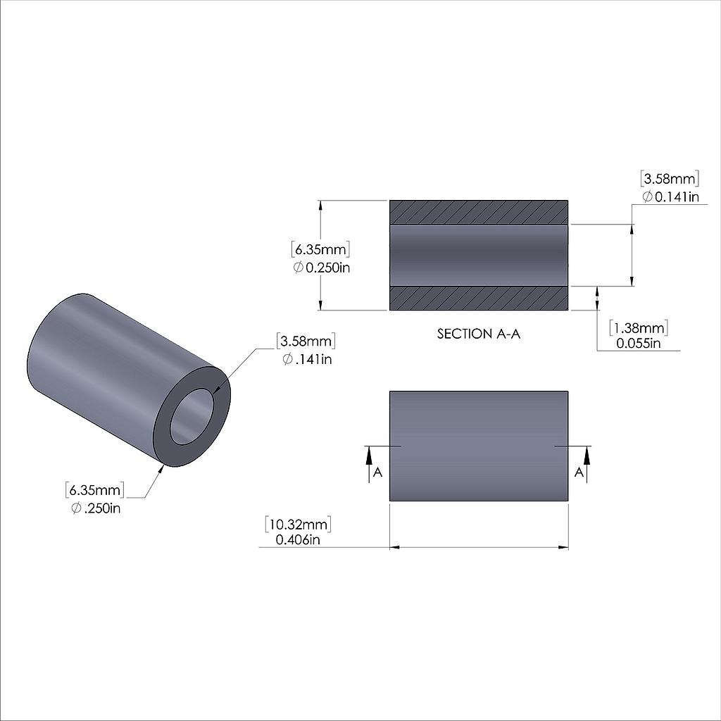 Aluminum Spacer 1/4'' OD x .141'' ID x 13/32'' Long, Plain Aluminum Finish