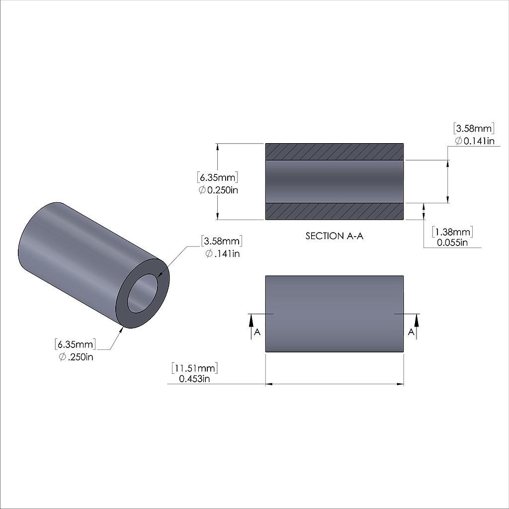 Aluminum Spacer 1/4'' OD x .141'' ID x 29/64'' Long, Plain Aluminum Finish